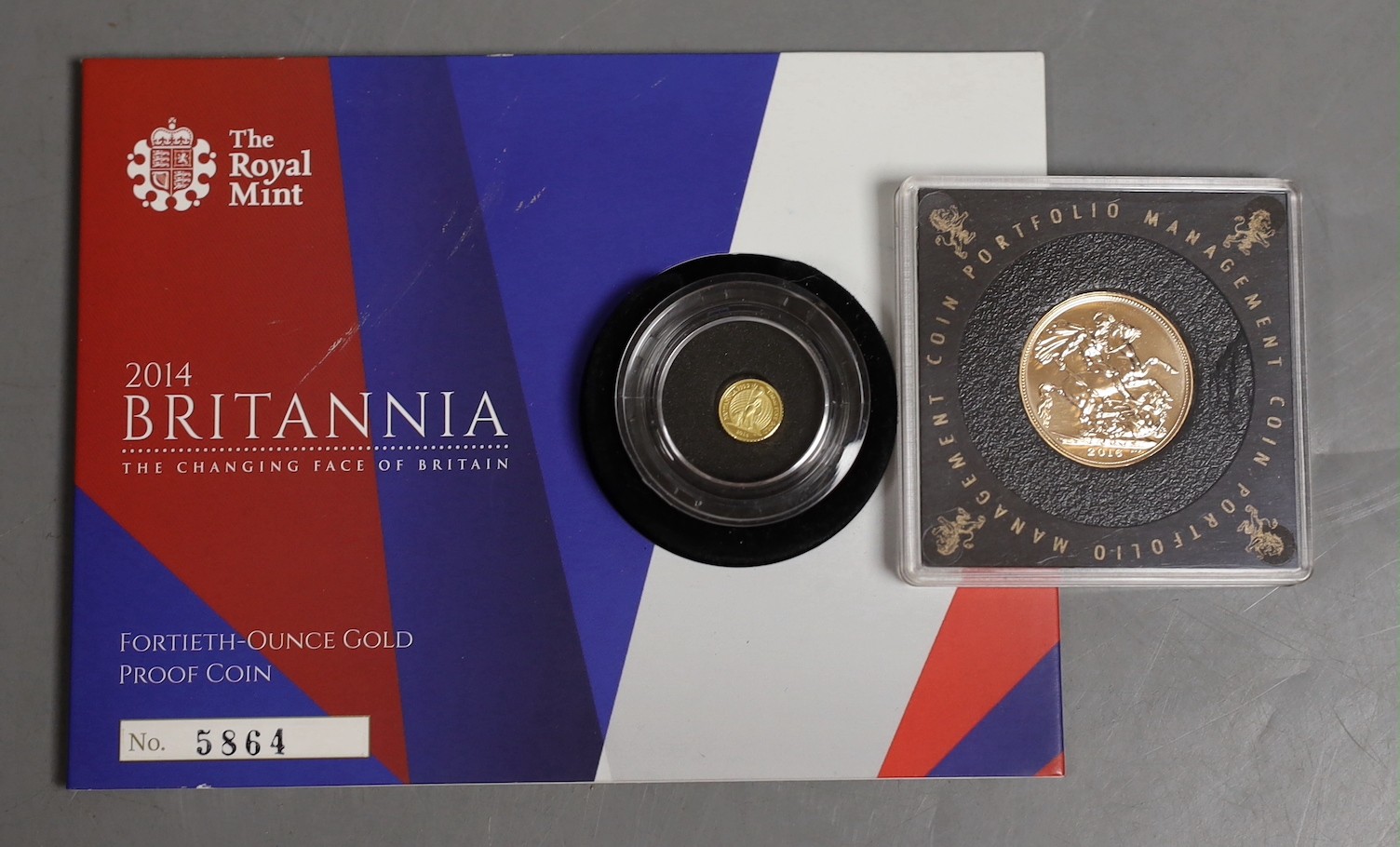 A UK 2016 gold sovereign, in a capsule and a Royal Mint 2014 Britannia 40th ounce gold proof coin (2)